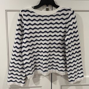 LOFT White and Navy Chevron Knit Sweater